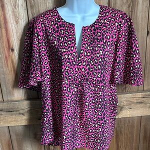 Jude Connally Hot Pink Leopard-Print Notch Neck Blouse